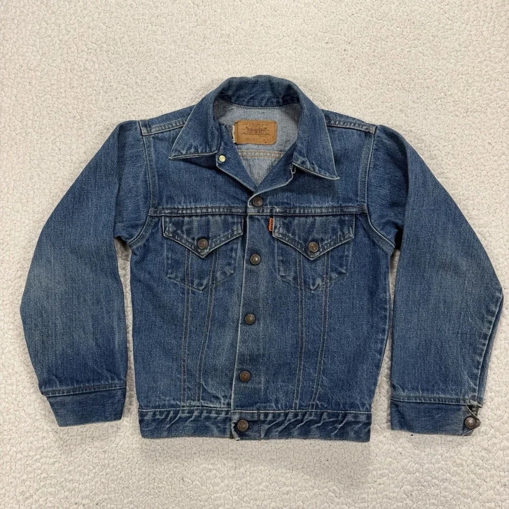 VTG 70s Levi's Kids Denim Trucker Jacket Size 12 USA Orange Tab Western Heritage